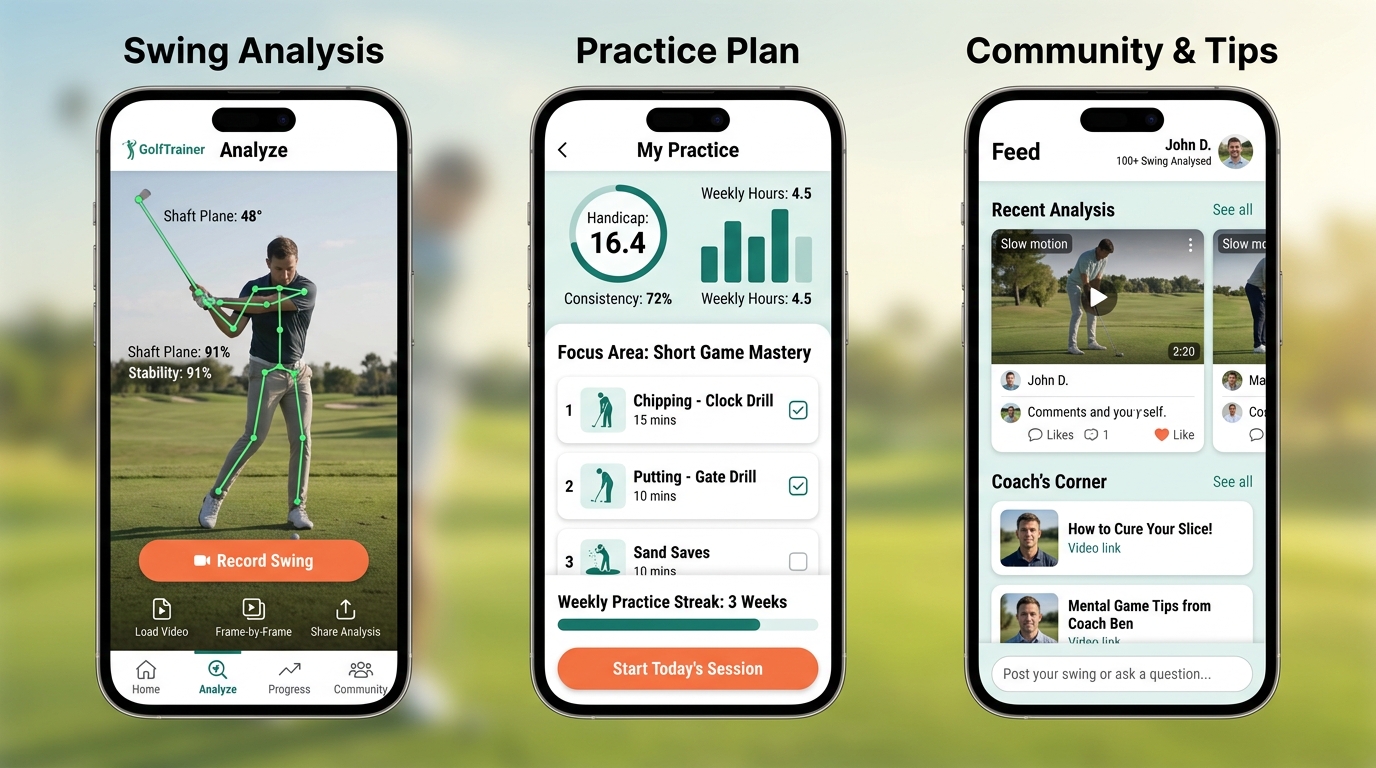 Golf Trainer app screens: AI swing analysis, a personalized practice plan, and the community feed